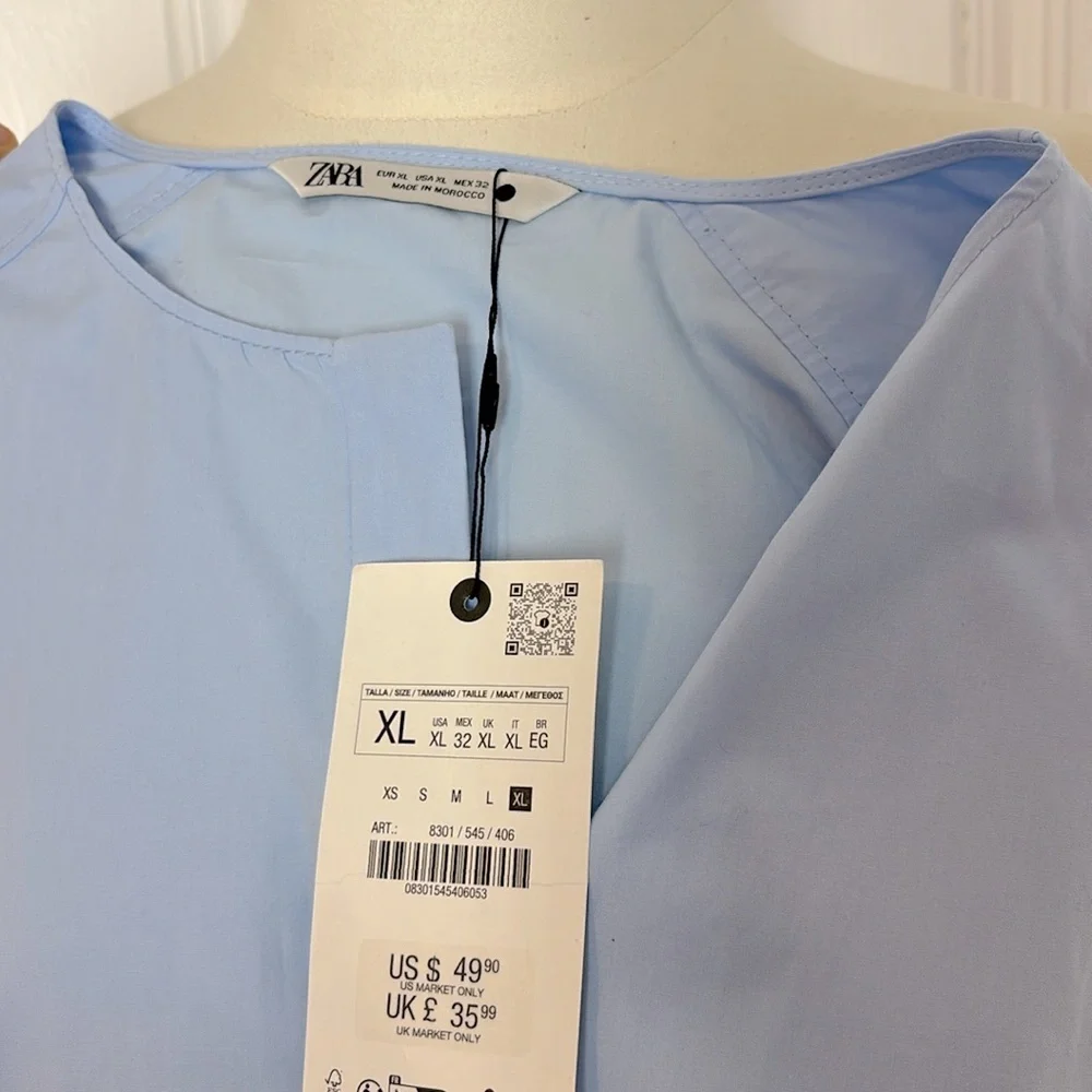 NWT ZARA Baby Blue Cotton Blouse with Dramatic Puff Sleeves - Picture 7 of 7